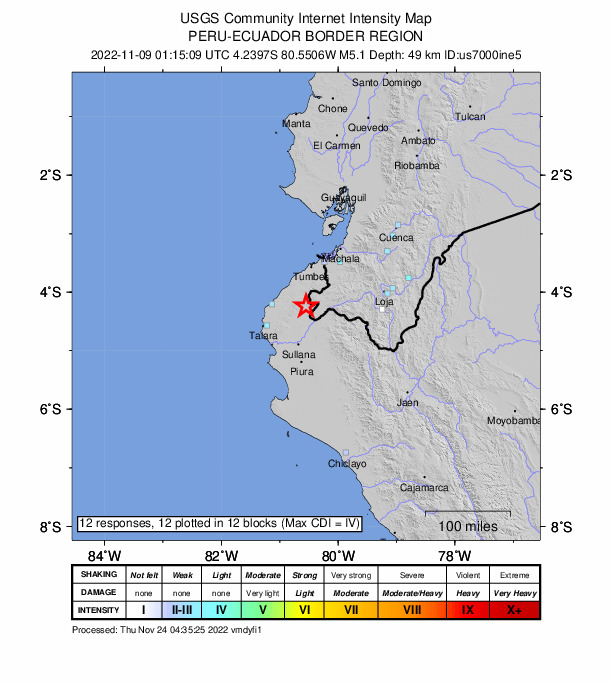 USGS DYFI community-reported intensity map for the M5.1 earthquake near 27 km SE of Papayal, Peru