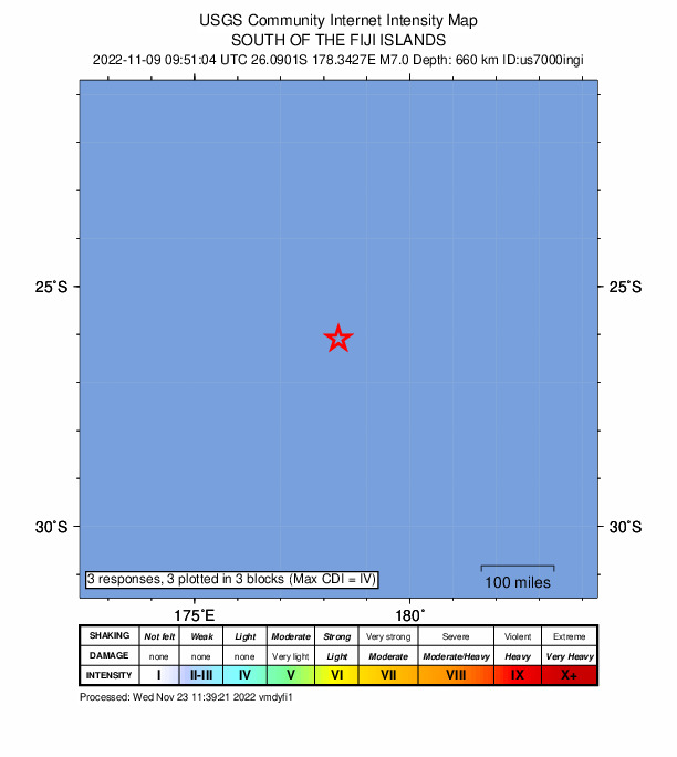 USGS DYFI community-reported intensity map for the M7.0 earthquake near south of the Fiji Islands