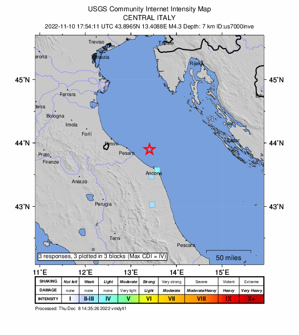 USGS DYFI community-reported intensity map for the M4.3 earthquake near 25 km NE of Marotta, Italy
