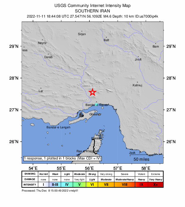 USGS DYFI community-reported intensity map for the M4.6 earthquake near 43 km NNW of Bandar Abbas, Iran