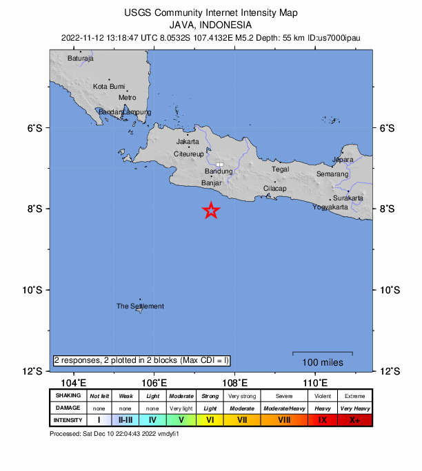 USGS DYFI community-reported intensity map for the M5.2 earthquake near 94 km S of Banjar, Indonesia