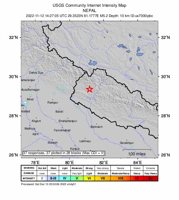 USGS DYFI community-reported intensity map for the M5.2 earthquake near 25 km ENE of Dipayal, Nepal