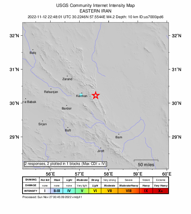 USGS DYFI community-reported intensity map for the M4.2 earthquake near 46 km E of Kerman, Iran