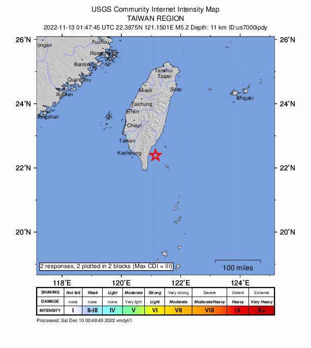 USGS DYFI community-reported intensity map for the M5.2 earthquake near 60 km NE of Hengchun, Taiwan