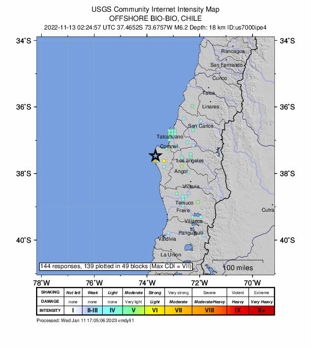 USGS DYFI community-reported intensity map for the M6.2 earthquake near Near the coast of Bio-Bio, Chile