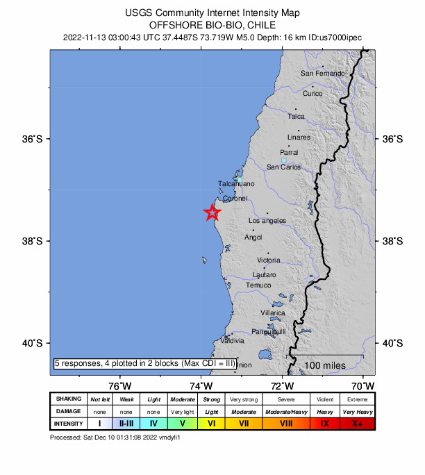 USGS DYFI community-reported intensity map for the M4.9 earthquake near Near the coast of Bio-Bio, Chile