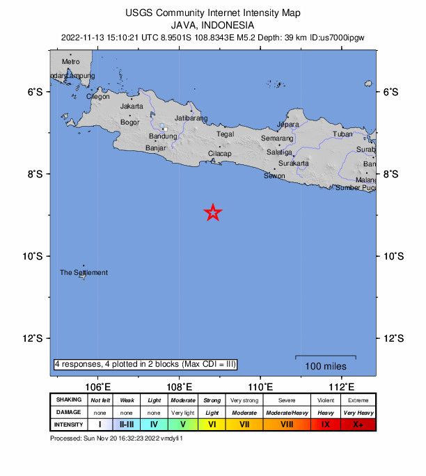USGS DYFI community-reported intensity map for the M5.2 earthquake near 152 km SSW of Kroya, Indonesia
