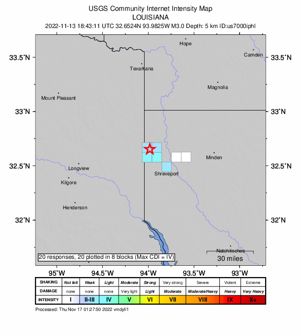USGS DYFI community-reported intensity map for the M3.0 earthquake near 4 km SSW of Mooringsport, Louisiana