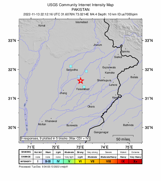 USGS DYFI community-reported intensity map for the M4.4 earthquake near 13 km SSE of Chiniot, Pakistan