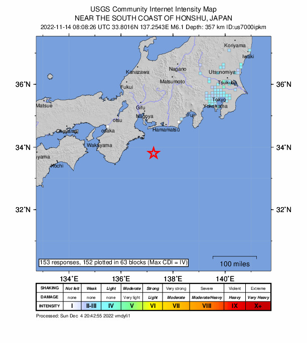 USGS DYFI community-reported intensity map for the M6.1 earthquake near 85 km SSE of Toba, Japan