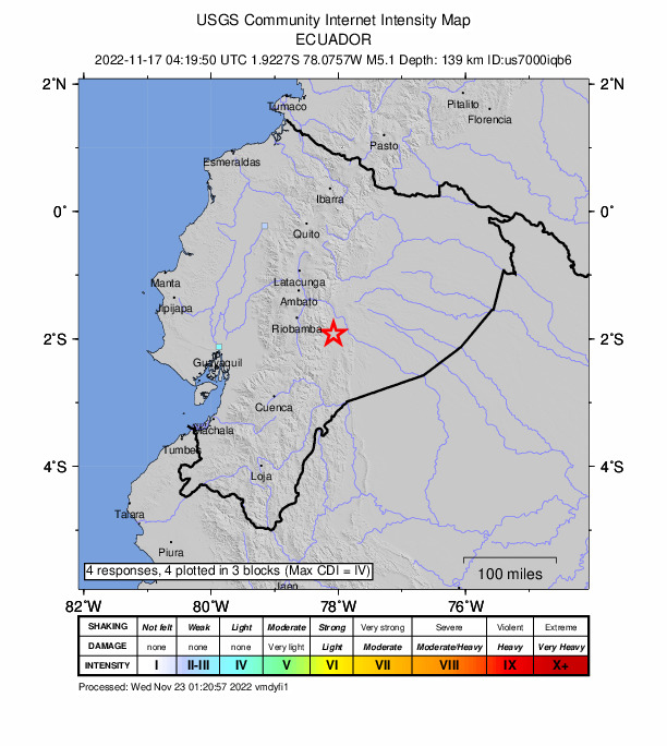 USGS DYFI community-reported intensity map for the M5.0 earthquake near 28 km SSW of Palora, Ecuador