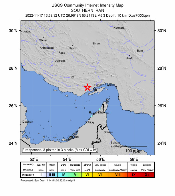 USGS DYFI community-reported intensity map for the M5.0 earthquake near southern Iran