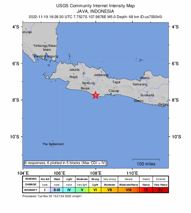 USGS DYFI community-reported intensity map for the M5.0 earthquake near 48 km SSW of Singaparna, Indonesia