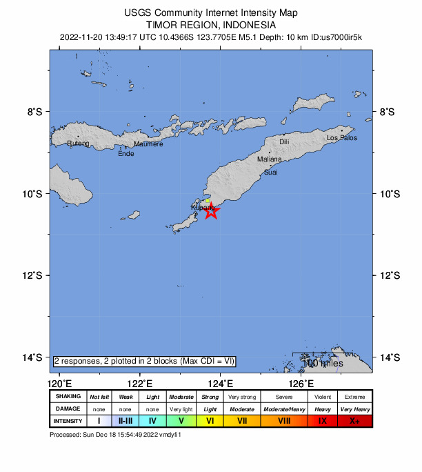 USGS DYFI community-reported intensity map for the M5.1 earthquake near 34 km SSE of Kupang, Indonesia