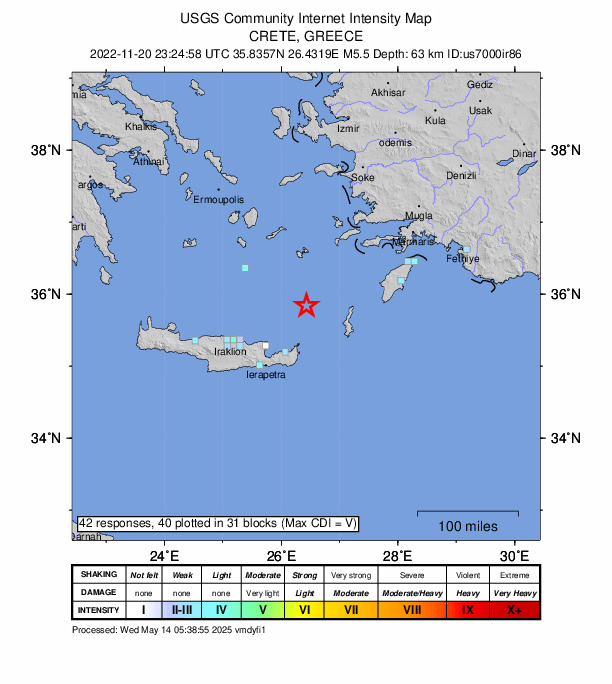 USGS DYFI community-reported intensity map for the M5.5 earthquake near Crete, Greece