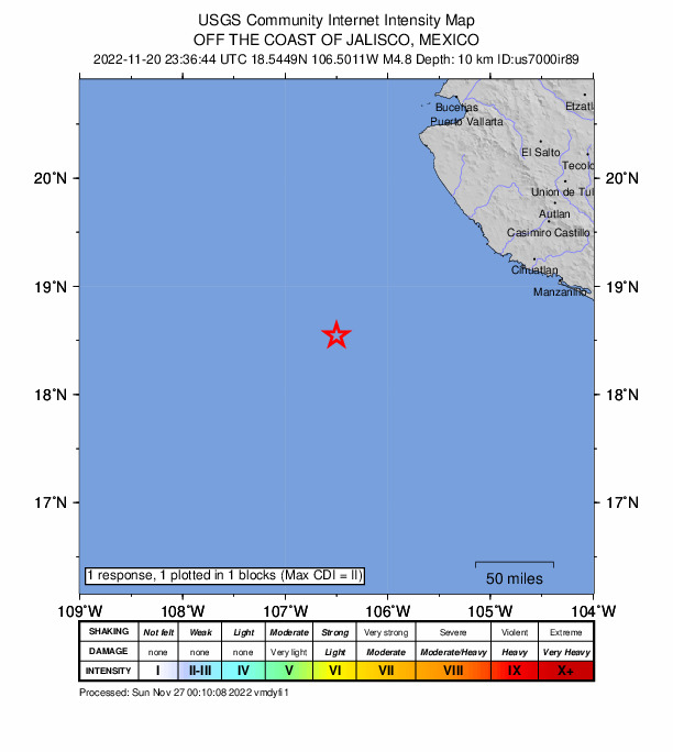USGS DYFI community-reported intensity map for the M4.8 earthquake near 184 km SW of José María Morelos, Mexico