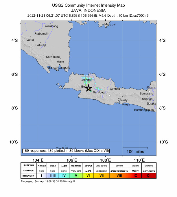 USGS DYFI community-reported intensity map for the M5.6 earthquake near 11 km NE of Sukabumi, Indonesia