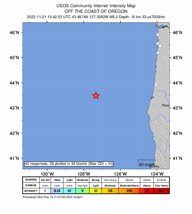USGS DYFI community-reported intensity map for the M5.2 earthquake near 241 km W of Bandon, Oregon