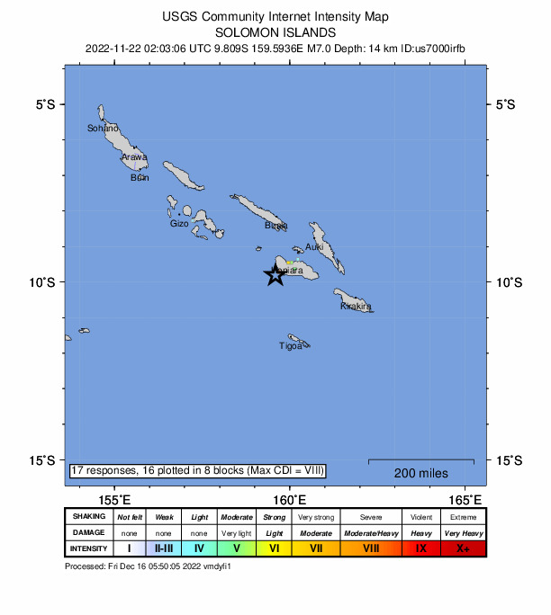 USGS DYFI community-reported intensity map for the M7.0 earthquake near 18 km SW of Malango, Solomon Islands