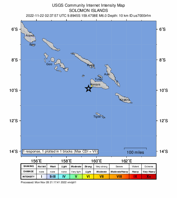 USGS DYFI community-reported intensity map for the M6.0 earthquake near Solomon Islands
