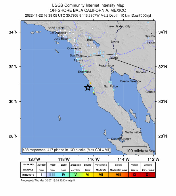 USGS DYFI community-reported intensity map for the M6.2 earthquake near 28 km SW of Las Brisas, Mexico
