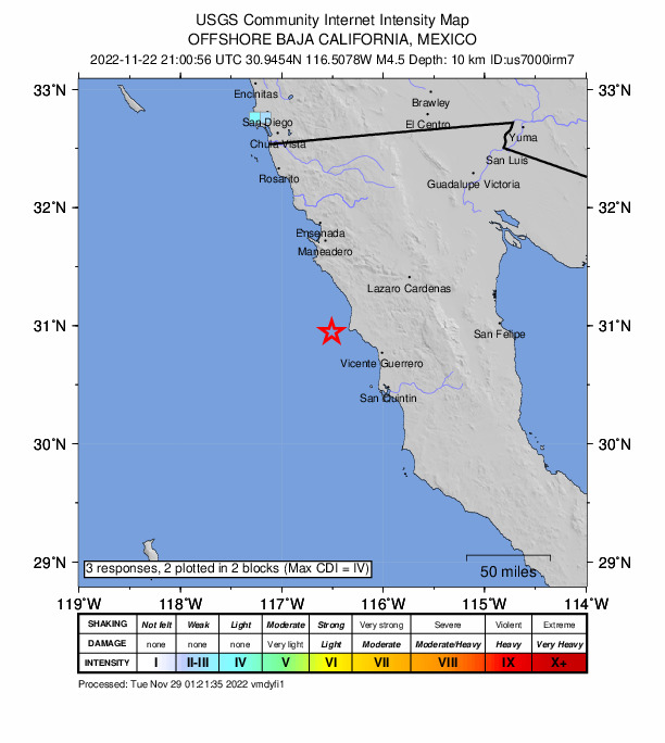 USGS DYFI community-reported intensity map for the M4.5 earthquake near 30 km W of Las Brisas, Mexico
