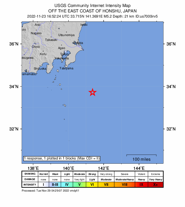 USGS DYFI community-reported intensity map for the M5.2 earthquake near off the east coast of Honshu, Japan