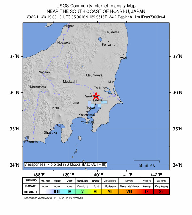 USGS DYFI community-reported intensity map for the M4.2 earthquake near 3 km NNW of Abiko, Japan