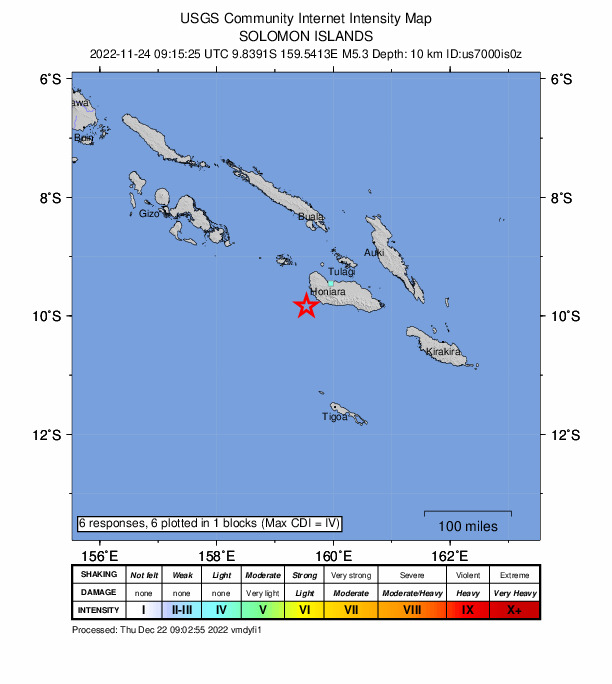 USGS DYFI community-reported intensity map for the M5.3 earthquake near 25 km SW of Malango, Solomon Islands