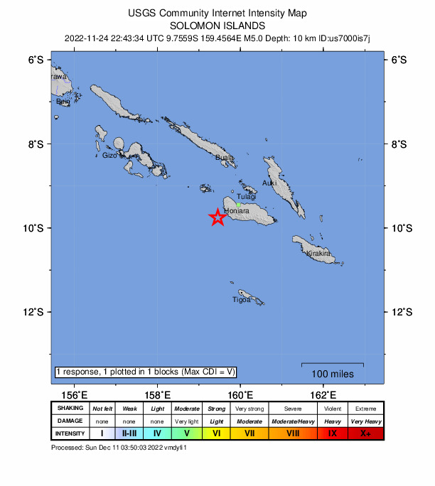 USGS DYFI community-reported intensity map for the M5.0 earthquake near 25 km WSW of Malango, Solomon Islands