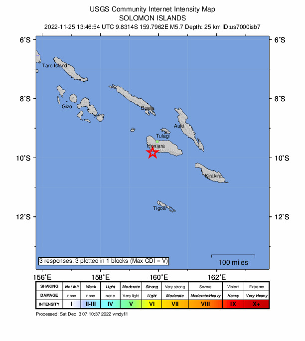 USGS DYFI community-reported intensity map for the M5.7 earthquake near Solomon Islands