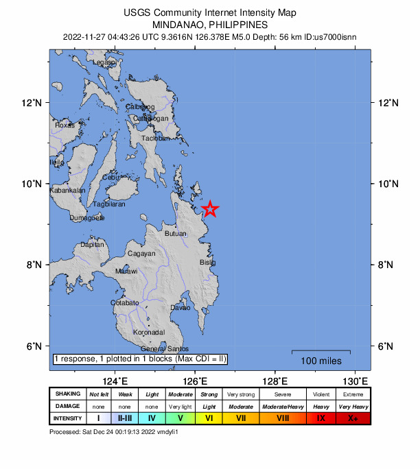 USGS DYFI community-reported intensity map for the M5.0 earthquake near 22 km ENE of Cortes, Philippines