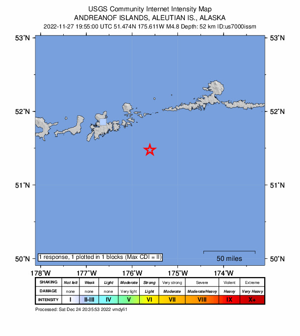 USGS DYFI community-reported intensity map for the M4.8 earthquake near 83 km ESE of Adak, Alaska