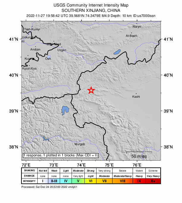 USGS DYFI community-reported intensity map for the M4.9 earthquake near 141 km W of Kashgar, China