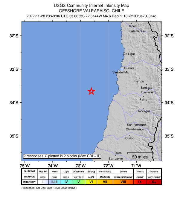 USGS DYFI community-reported intensity map for the M4.6 earthquake near Off the coast of Valparaiso, Chile