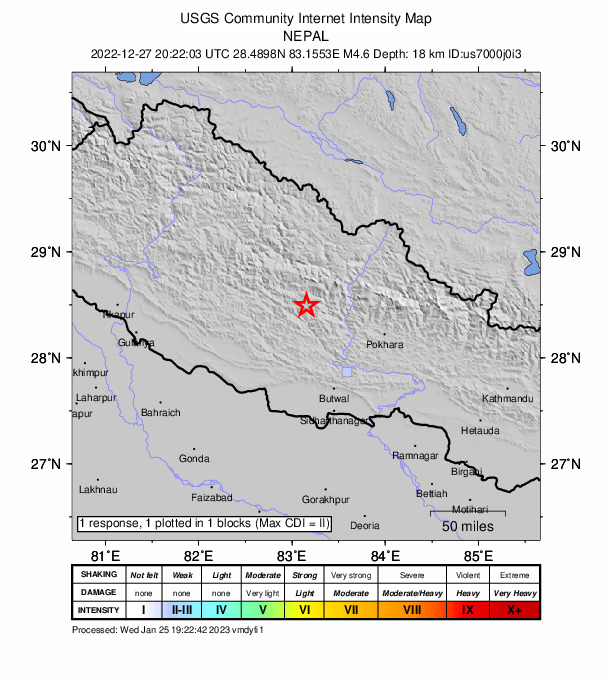 USGS DYFI community-reported intensity map for the M4.6 earthquake near 48 km WNW of B?glung, Nepal