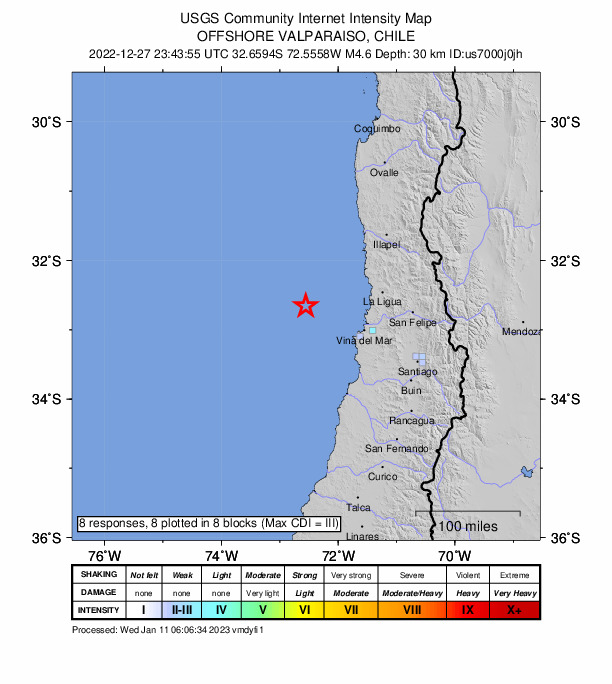 USGS DYFI community-reported intensity map for the M4.7 earthquake near 97 km WNW of Valparaíso, Chile