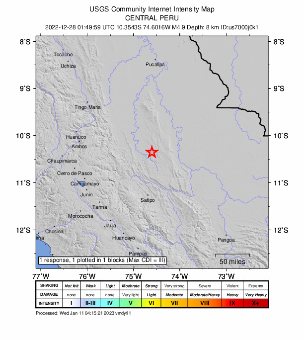 USGS DYFI community-reported intensity map for the M4.9 earthquake near 69 km NNE of Santa Rosa, Peru