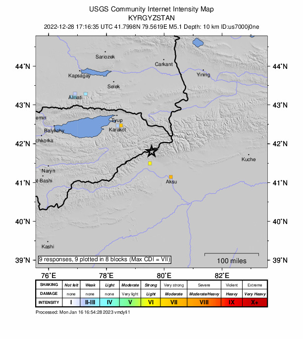 USGS DYFI community-reported intensity map for the M5.1 earthquake near Kyrgyzstan-Xinjiang border region