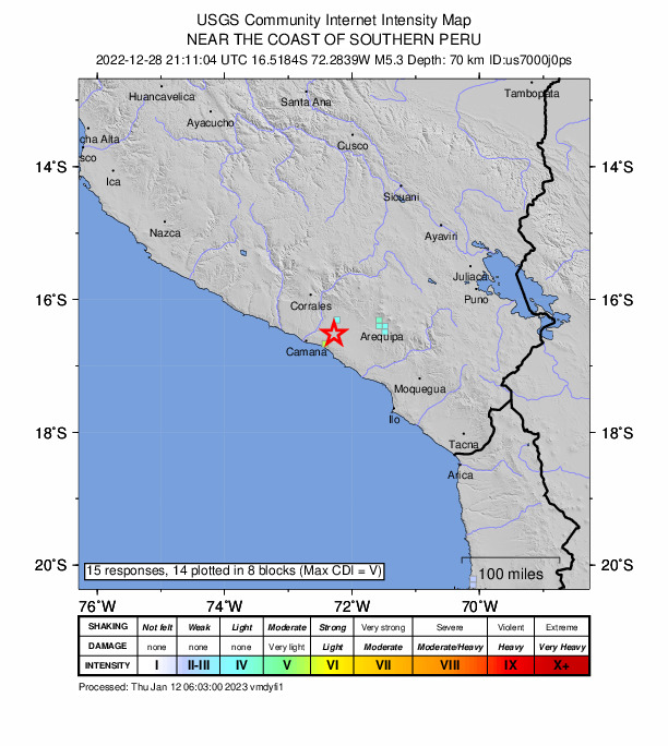USGS DYFI community-reported intensity map for the M5.3 earthquake near 17 km SSW of El Pedregal, Peru