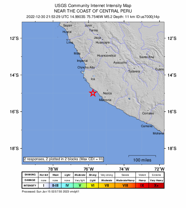 USGS DYFI community-reported intensity map for the M5.2 earthquake near 67 km WSW of Changuillo, Peru