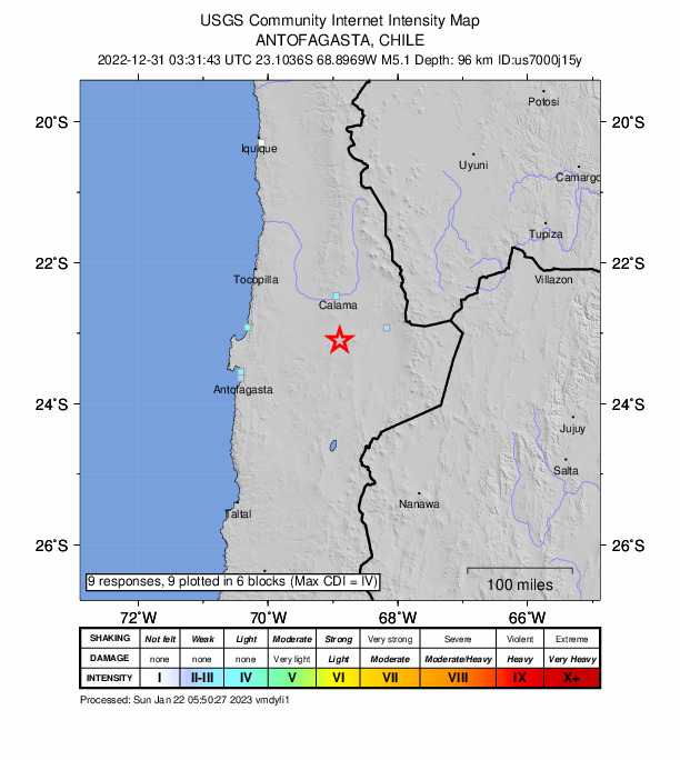 USGS DYFI community-reported intensity map for the M5.1 earthquake near 71 km S of Calama, Chile