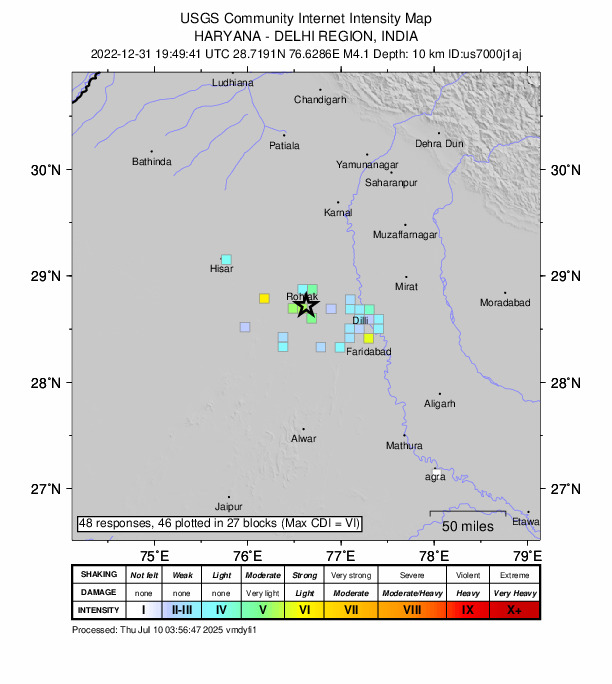 USGS DYFI community-reported intensity map for the M4.1 earthquake near Haryana, India