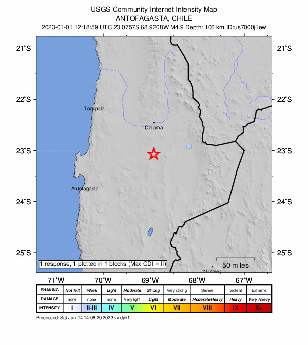 USGS DYFI community-reported intensity map for the M4.8 earthquake near 68 km S of Calama, Chile