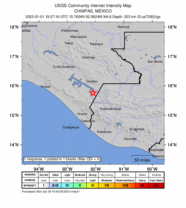 USGS DYFI community-reported intensity map for the M4.6 earthquake near 1 km S of Nueva Libertad, Mexico