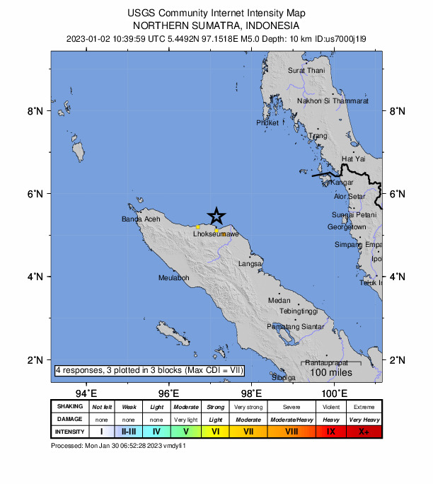 USGS DYFI community-reported intensity map for the M5.0 earthquake near 32 km N of Lhokseumawe, Indonesia