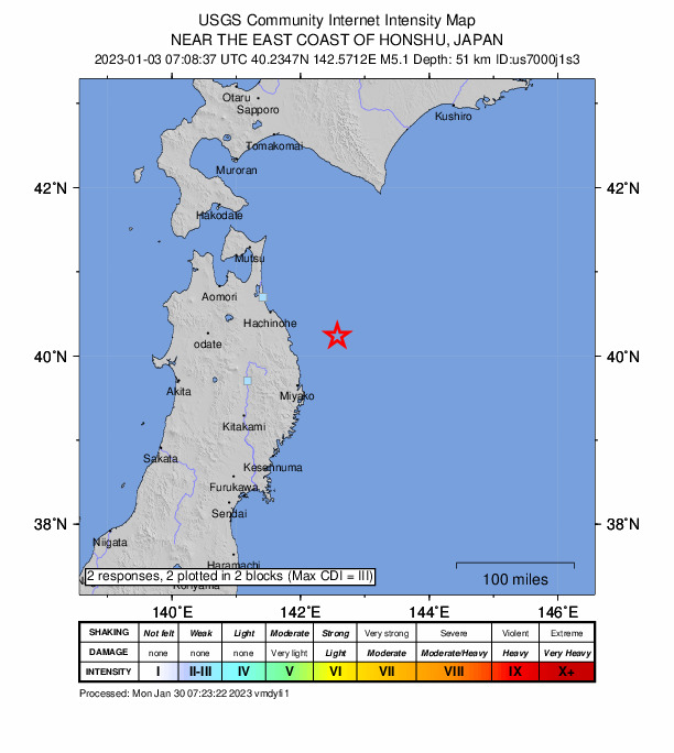 USGS DYFI community-reported intensity map for the M5.1 earthquake near 86 km NE of Miyako, Japan