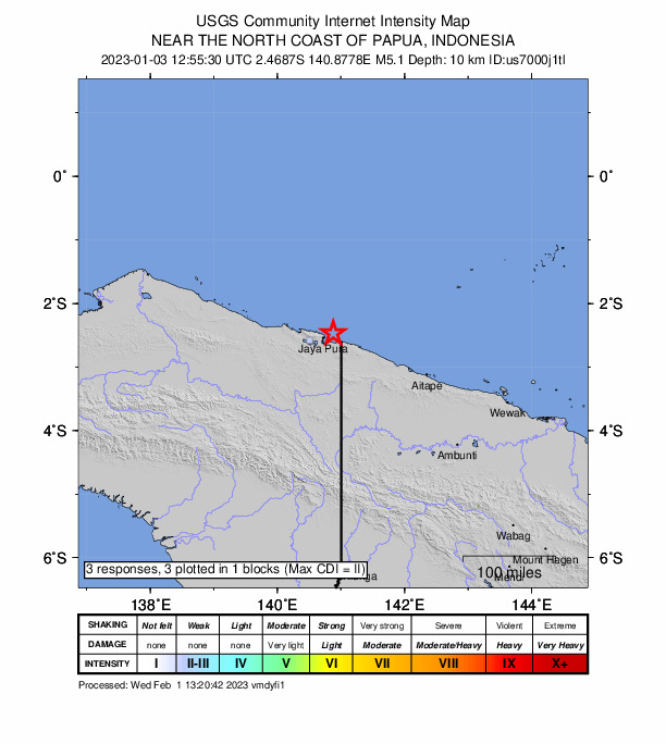 USGS DYFI community-reported intensity map for the M5.1 earthquake near 19 km ENE of Jayapura, Indonesia