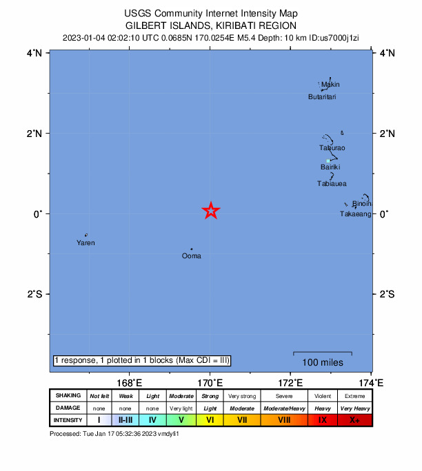 USGS DYFI community-reported intensity map for the M5.0 earthquake near Gilbert Islands, Kiribati region