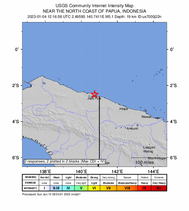 USGS DYFI community-reported intensity map for the M5.1 earthquake near 4 km NNE of Jayapura, Indonesia